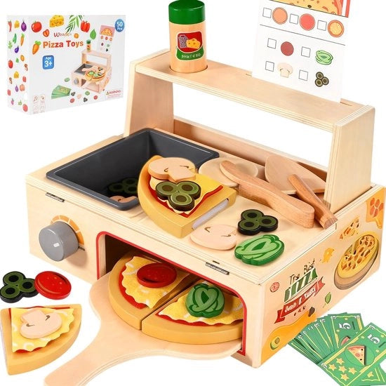 Set di pizza in legno da 50 pezzi - Pizzasnijder - Gioco di ruolo - Accessori da cucina - Chiusura con elastici - Cibo per bambini