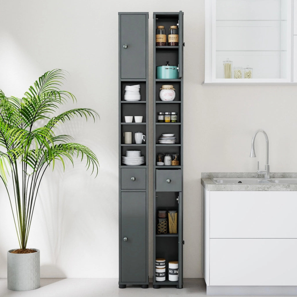 Armadio da bagno alto slim con 1 cassetto di stoccaggio, Armadio da bagno 5 ripiani regolabili struttura antiscivolo Grigio