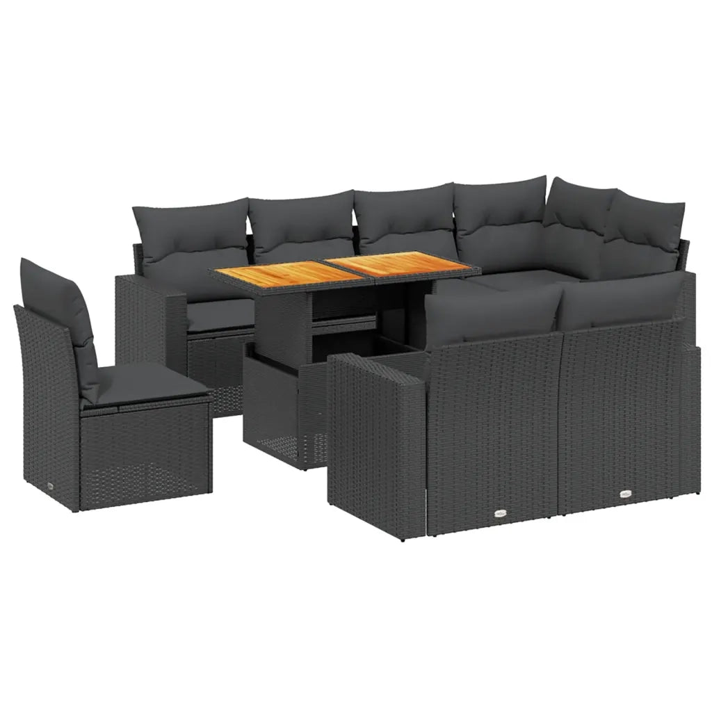 Set Divani da Giardino 9 pz con Cuscini Nero in Polyrattan