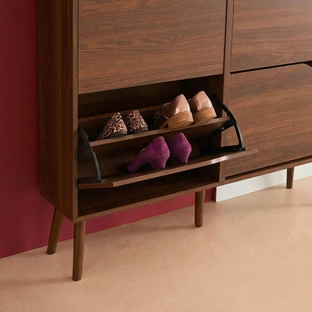 Scarpiera con decoro effetto legno, 4 ante, noce