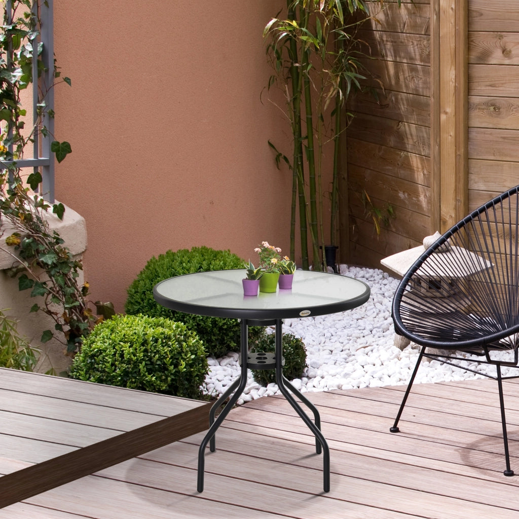 EasyComfort Tavolino da Giardino con Piano in Vetro Temperato e Foro per Ombrellone Acciaio Ф80 x 72 cm Nero
