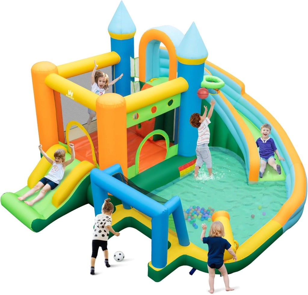 Castello Gonfiabile per Bambini, Casa Gonfiabile con Doppio Scivolo, Parete da Arrampicata, Piscina, con Borsa di Trasporto e Kit di Riparazione, per 2 Bambini di 3-10 Anni