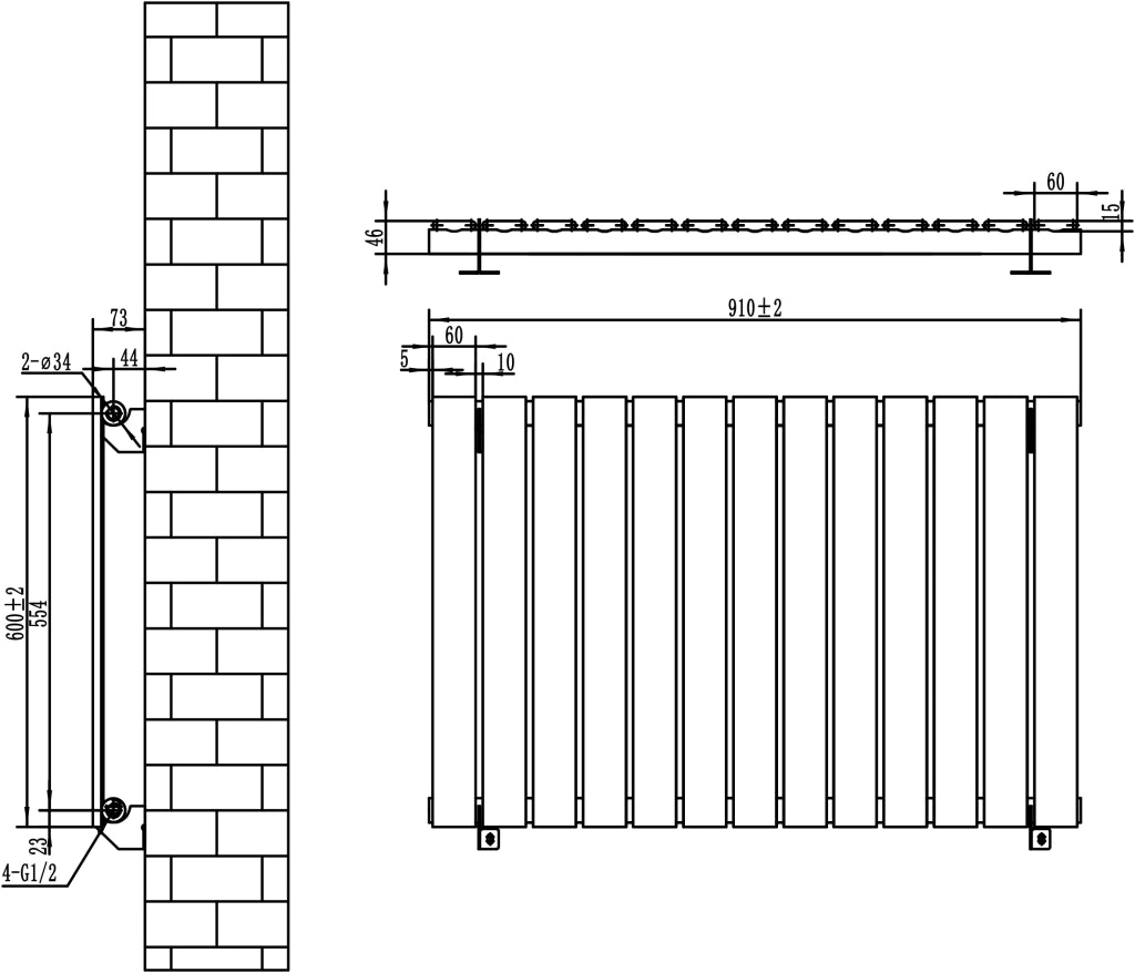 Radiatore Orizzontale 600 x 910 mm con Valvole TRV Grigio Antracite