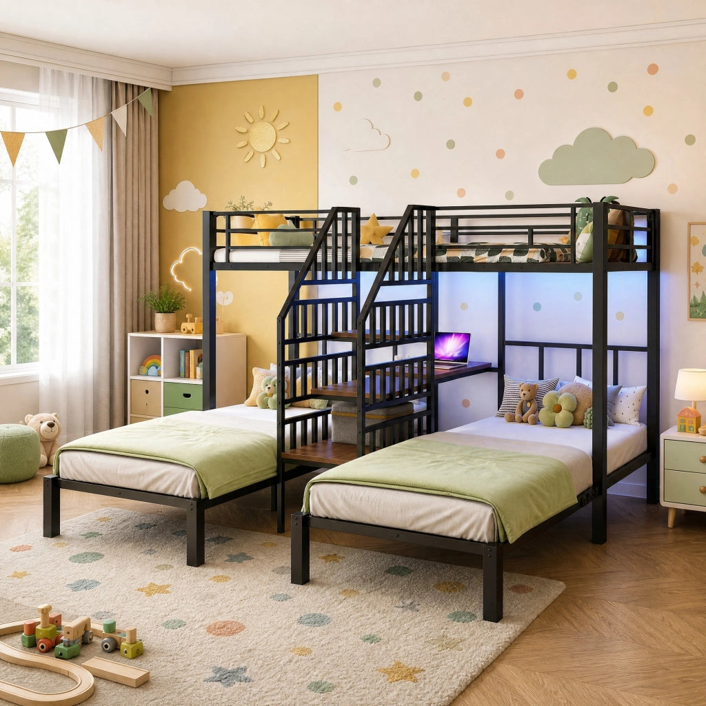 Letto a castello con scrivania, LED, USB e spazio contenitivo
