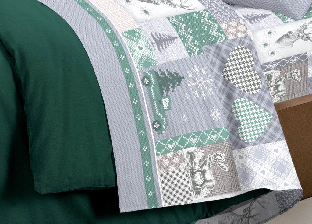 Completo Lenzuola Pensieri Delicati 100% Cotone Disegno Alpi - Piazza E Mezza - Verde