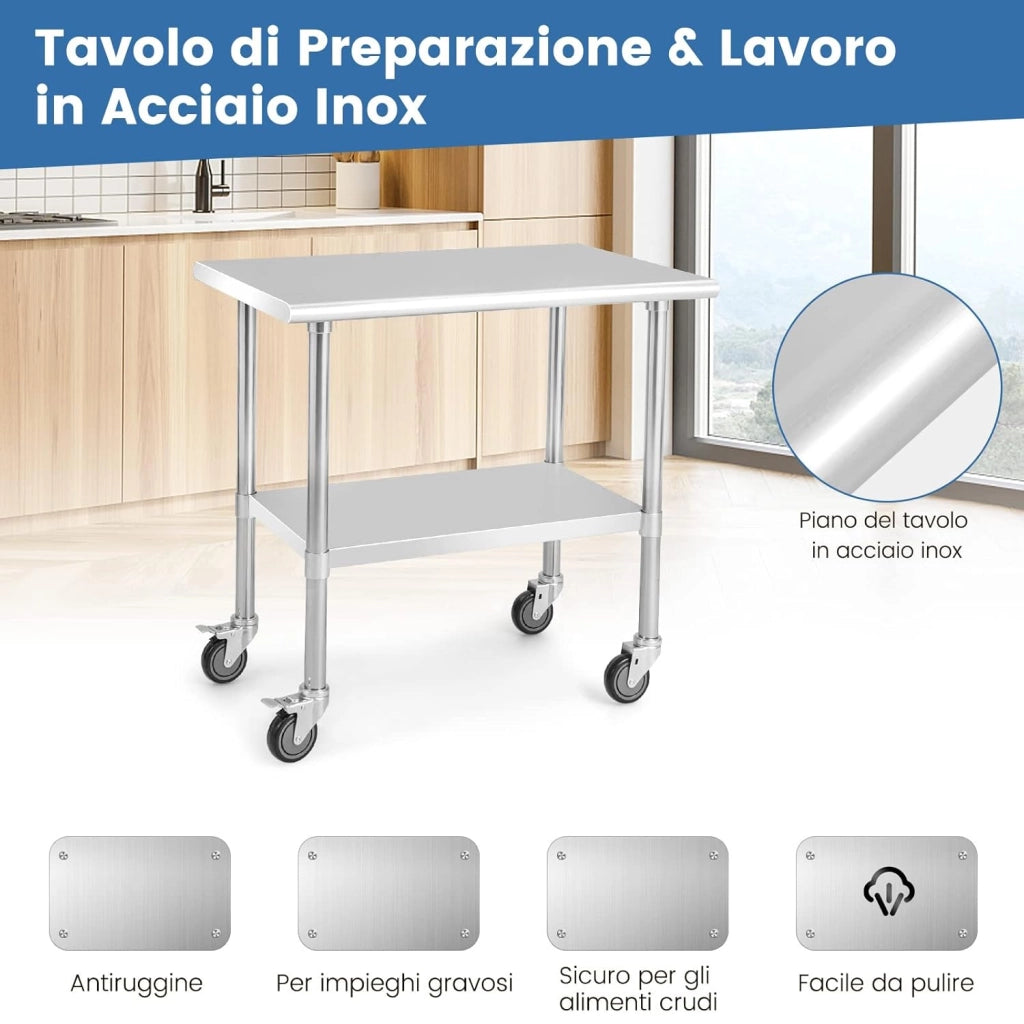 Tavolo da Lavoro in Acciaio Inox, Tavolo di Preparazione Alimentare/Porta Attrezzi con Ruote e Ripiano Inferiore Regolabile, per Cucina, Ristorante, Officina e Garage, 91,5 x 61 x 89,5 cm