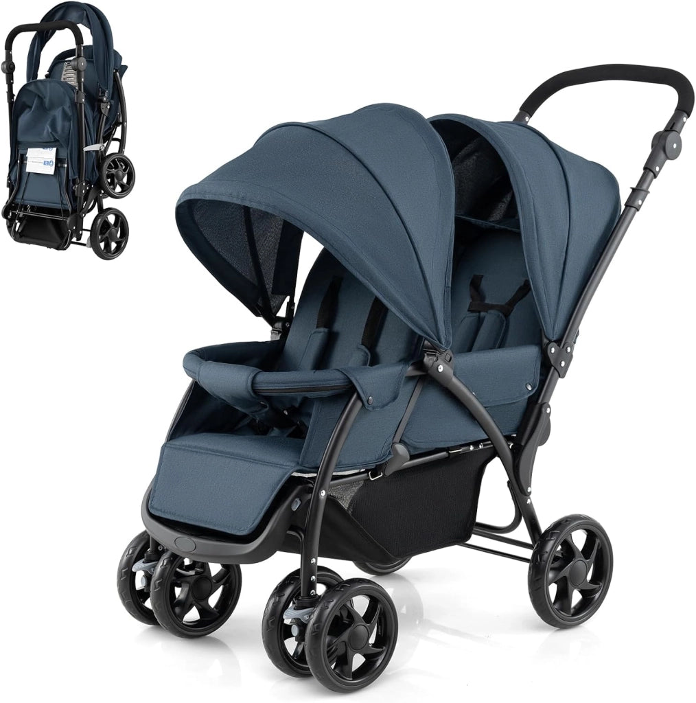 Passeggino Doppio Pieghevole per Bambini, Passeggino Gemellare Pieghevole, con Seduta in Tandem e Tettuccio, Schienale Regolabile, Ruote Bloccabili e Antiurto, per Bambini 0-36 Mesi (Blu)