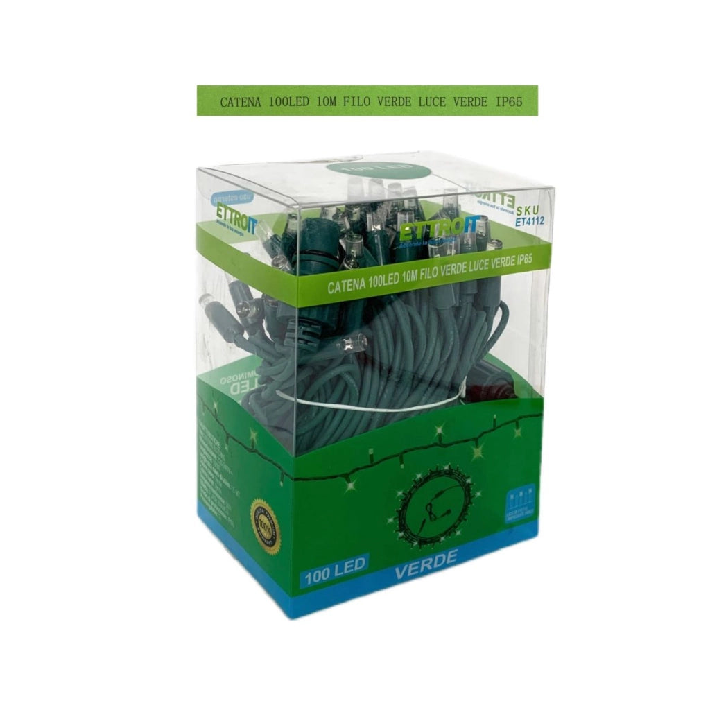 Ettroit ET4112 Catena Luminosa 100 LED 10 Metri Luce Verde Filo Verde IP65 Prolungabile