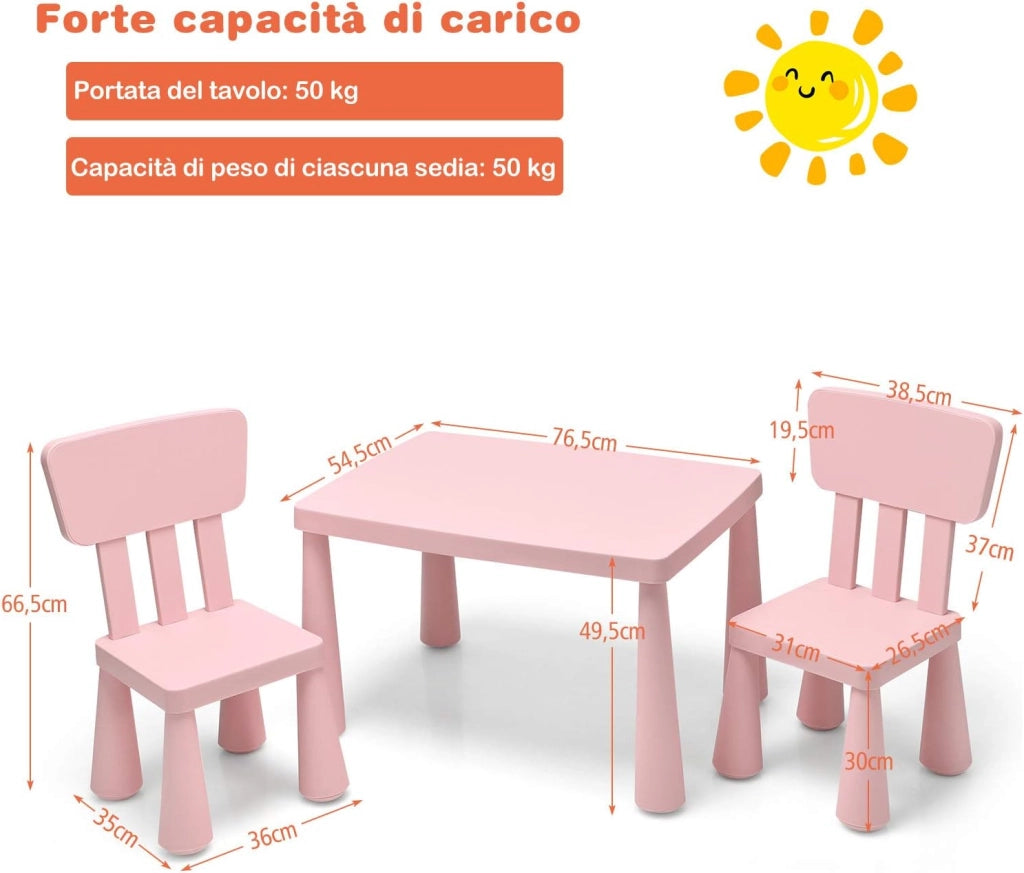 Set di Tavolo e Sedie per Bambini, Multifunzione, Tavolo e 2 Sedie da Gioco, Facile da Montare, capacità di Carico 50 kg, 76,5 x 54,5 x 49,5 cm, Rosa