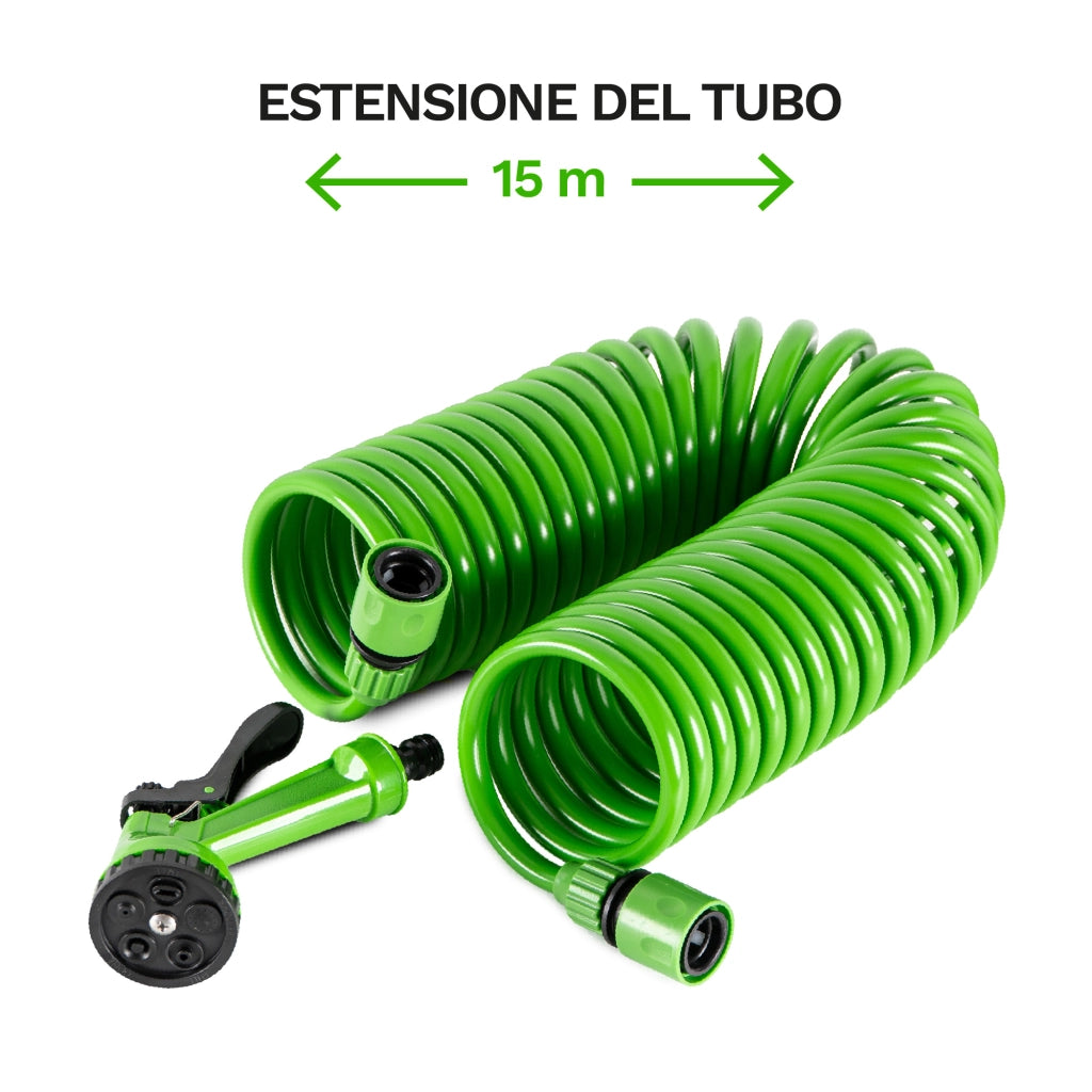 Tubo Irrigazione Spiralato con Pistola Multifunzione 7,5 / 10 / 15 m Estensibile da Giardino con Raccordi Rapidi 15 Metri