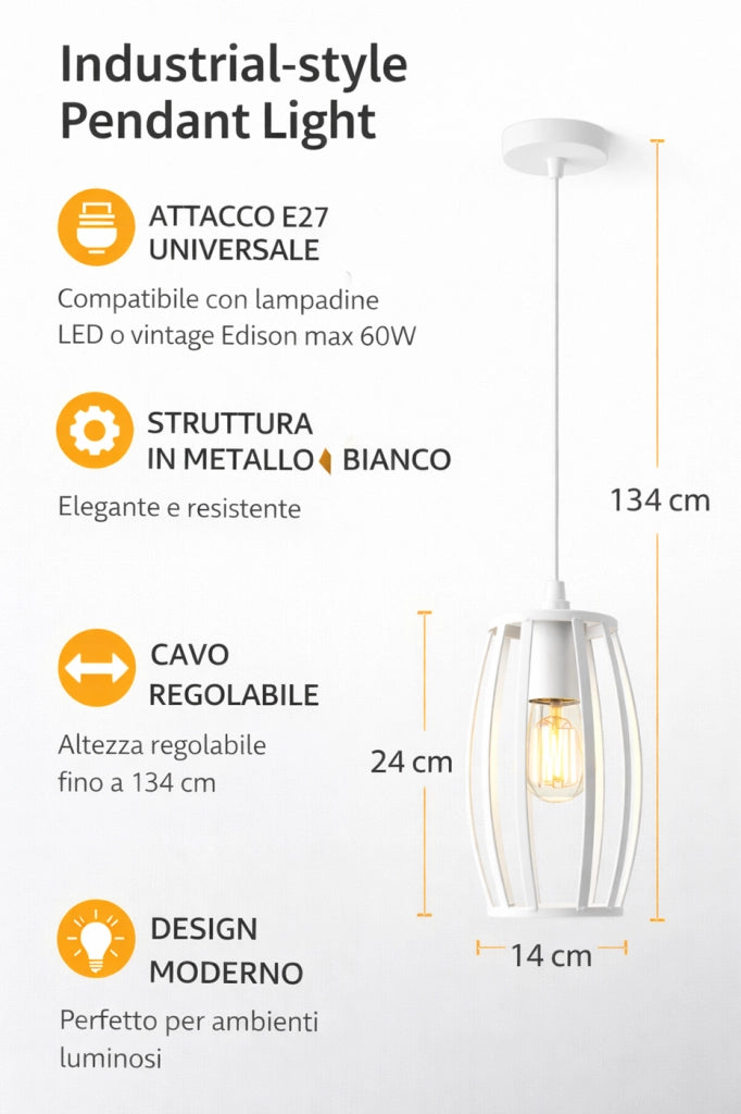 Lampadario Industriale a Sospensione E27 Bianco in Metallo, Gabbia Vintage, Lampada a Soffitto per Cucina Isola Soggiorno Ristorante, Lampadina Non Inclusa