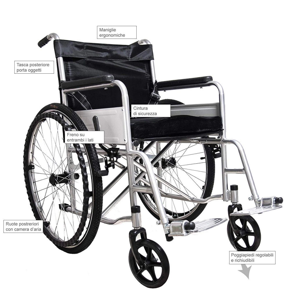 Carrozzina Per Disabili Anziani Leggera Ad Autospinta Pieghevole Telaio Robusto Ergonomico In Acciaio Con Auto Spinta Cintura Di Sicurezza Braccioli Poggiapiedi Estraibili Grigio