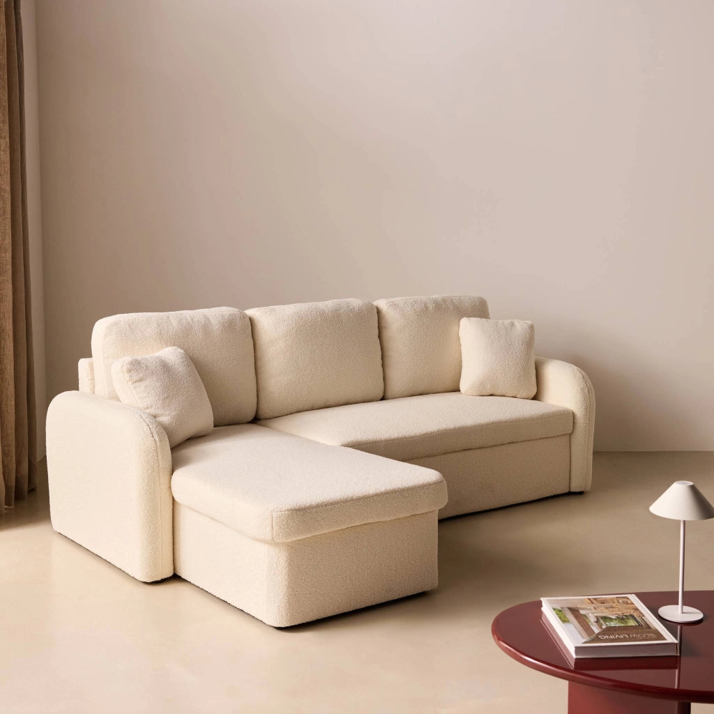 Divano letto angolare reversibile in bouclé con contenitore, 3 posti,