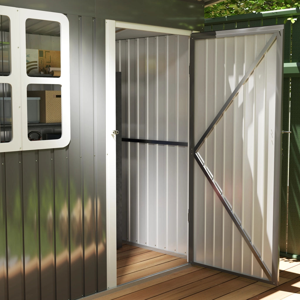 Capanno da giardino 2;55 m2; capanno da giardino con tetto a pendenza singola; 221 x 133 x 190/173 cm; capanno attrezzi con porta chiudibile a chiave; finestra; garage per biciclette; armadietto in acciaio; per giardino; giardino; grigio scuro