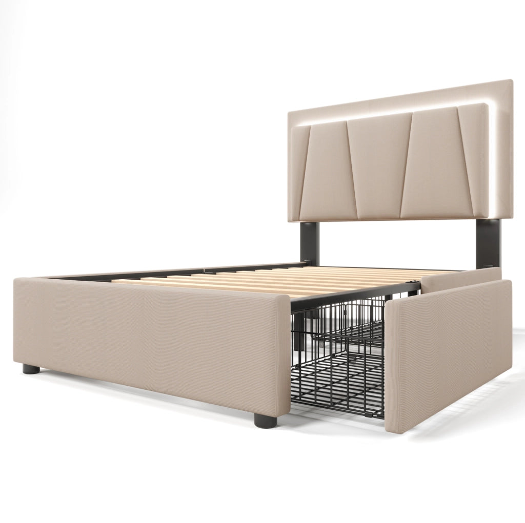 Letto singolo imbottito 90x200 cm con LED e 2 cassetti