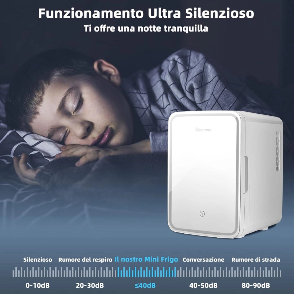 10 L Mini Frigo Portatile 220 V AC/12 V DC con Specchio LED per Prodotti di Bellezza, Bevande, Frigo Termostatico e Riscaldamento per Auto, 23 x 28 x 34 cm