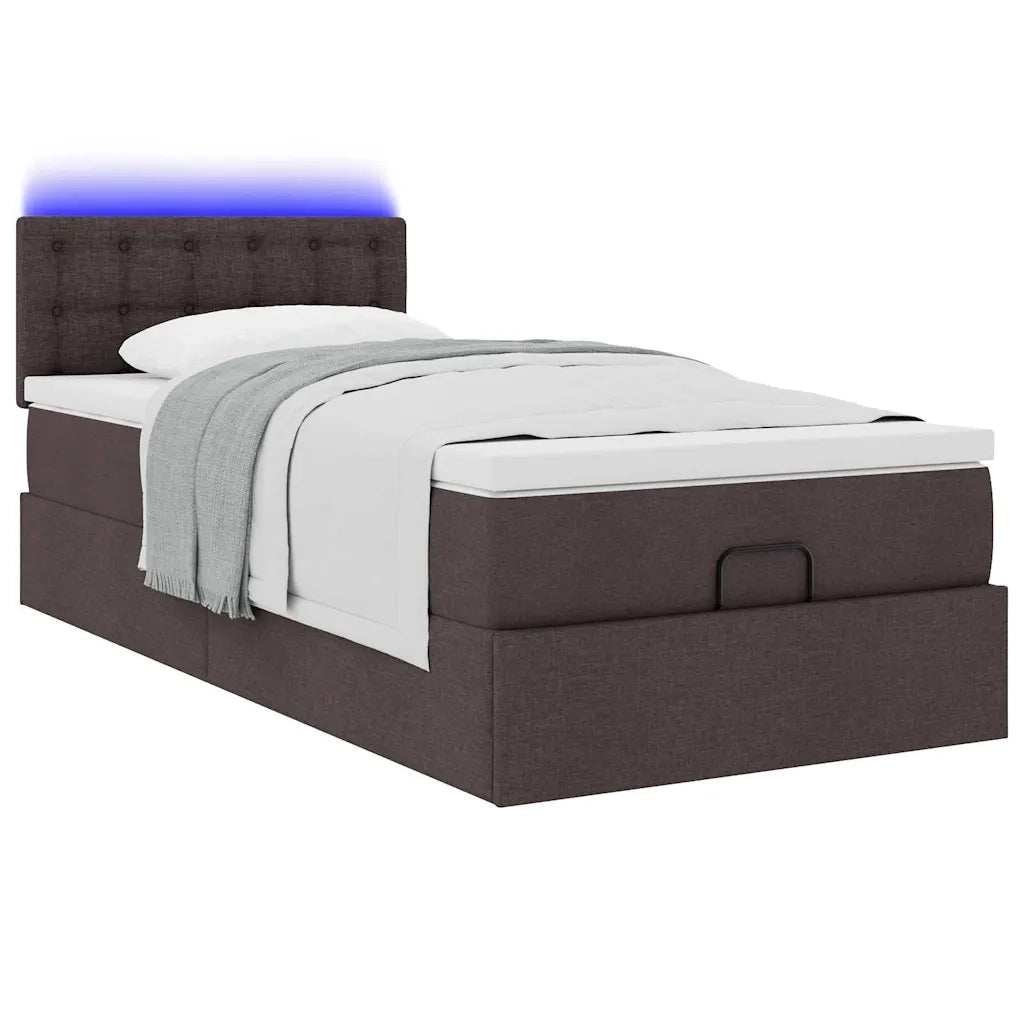 Pouf Letto con Materasso e LED Marrone Scuro 90x200 cm Tessuto