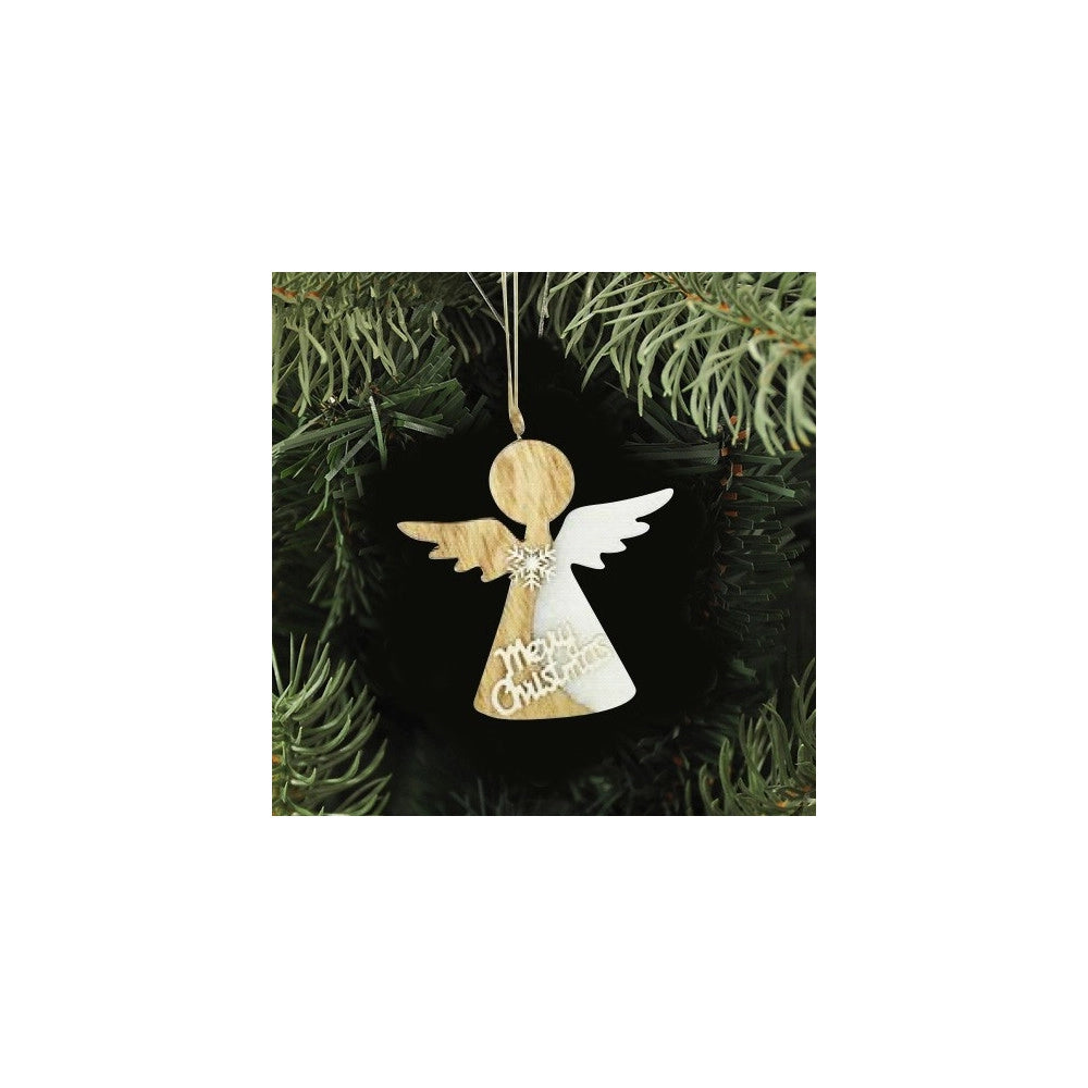Trade Shop - 4 Appendini Natale In Legno Ovatta Forma Stella Albero Angelo Cuore Con Scritta Merry Christmas -