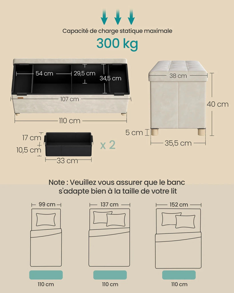 Panca contenitore pieghevole a cubo 38 x 110 x 40 cm pouf poggiapiedi 112 litri superficie in velluto per camera da letto soggiorno camerata beige 12_0004145