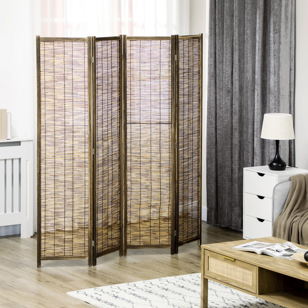 Biombo Pieghevole 4 Pannelli ¨C Minimal ¨C Legno e Canne Naturali 160x1.8x170 cm