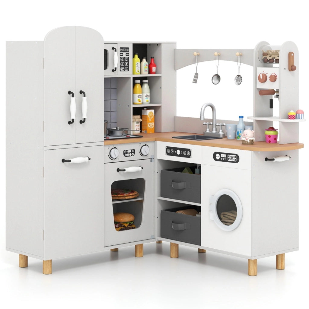 Cucina giocattolo ad angolo per bambini set cucina in legno con frigorifero a doppia porta, Cucina giocattolo con contenitori in tessuto e 12 accessori Bianco