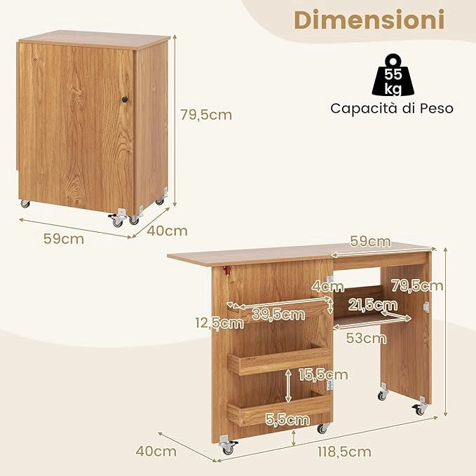 Tavolo da Cucito Pieghevole, Mobile per Macchina da Cucire con Ripiano Portaoggetti, 3 Scomparti Nascosti e Ruote Bloccabili, Mobile Multiuso per Piccoli Spazi (Legno, 118,5 x 40 x 79,5 cm)