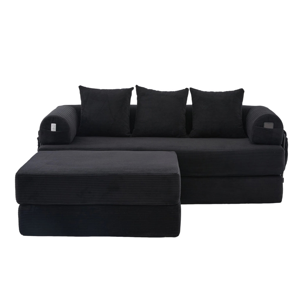 Divano Modulare con Pouf ¨C MINIMAL ¨C Tessuto a Coste, Cuscini, Nero