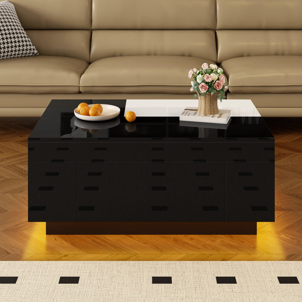 OKWISH Tavolino da Caffè Moderno con Piano Estensibile e Cassetto Nascosto, LED Bluetooth, per Soggiorno, MDF, Nero e Bianco, 80×50×35,5 cm