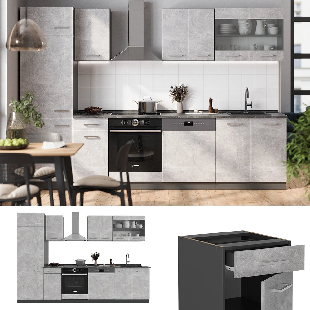 Cucina componibile R-Line Calcestruzzo/Antracite 300 cm, PL Antracite Vicco