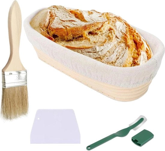 Impasto per panificazione 25 x 15 x 8 cm ovale - Set per la preparazione del pane - Riet naturale - Asciugamani in lino - Coltello per il pane - Pennello - Set per la pulizia del piano di lavoro per la preparazione del pane