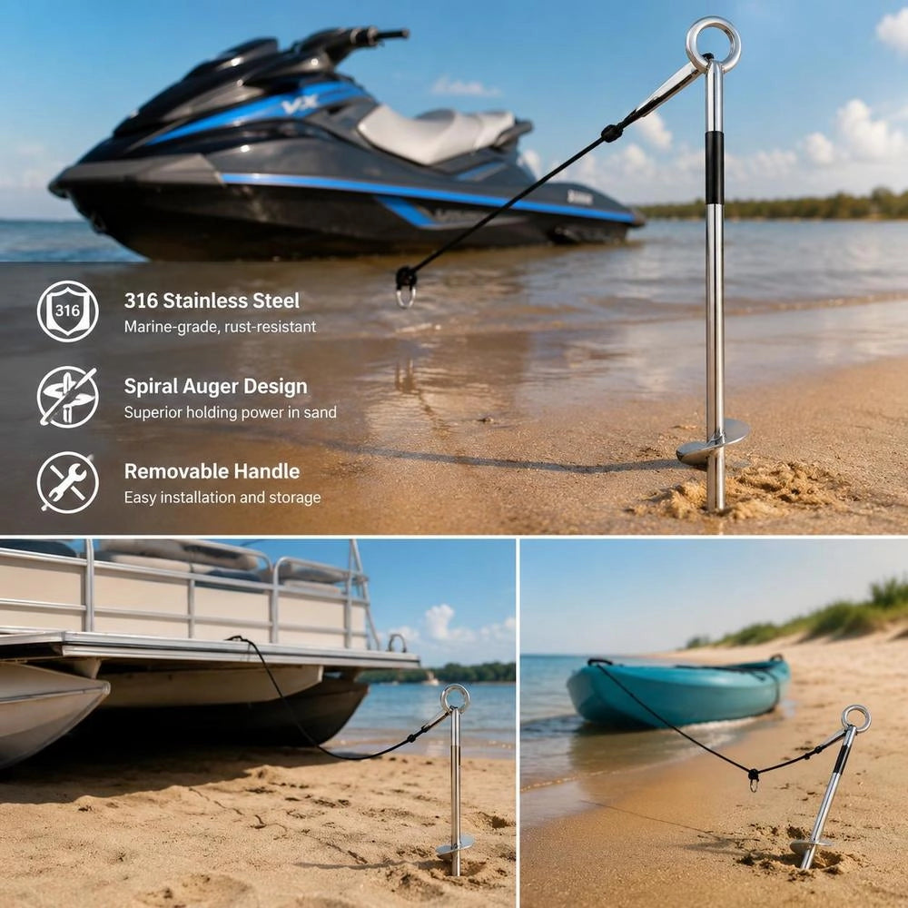 Sand Anchor For Beach And Sandbank, 45 Cm Screw Anchor Made Of 316 Stainless Steel With Removable Handle, Bungee Cord And Carrying Bag, For Jet Ski, PWC, Pontoon Kayak