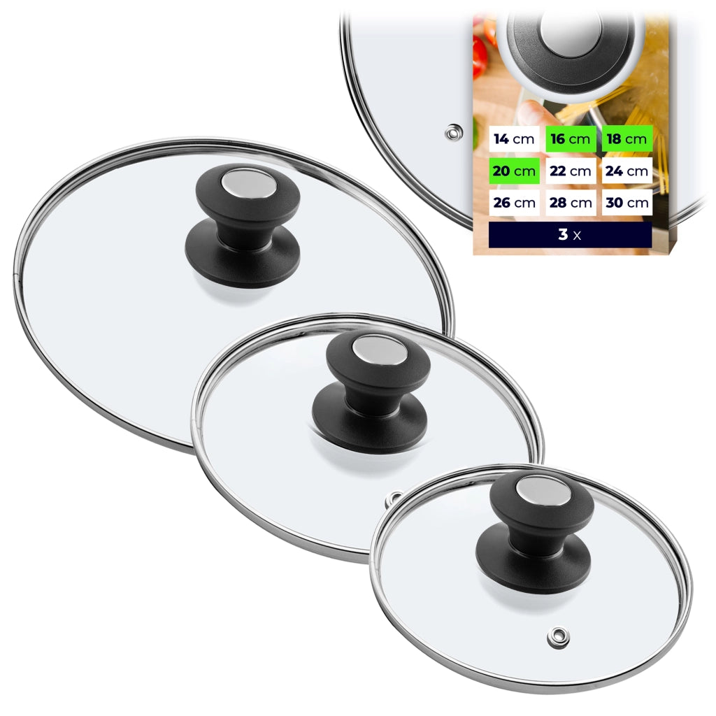 Set di coperchi in vetro KADAX resistenti al calore per pentole e padelle da 16/18/20 cm.