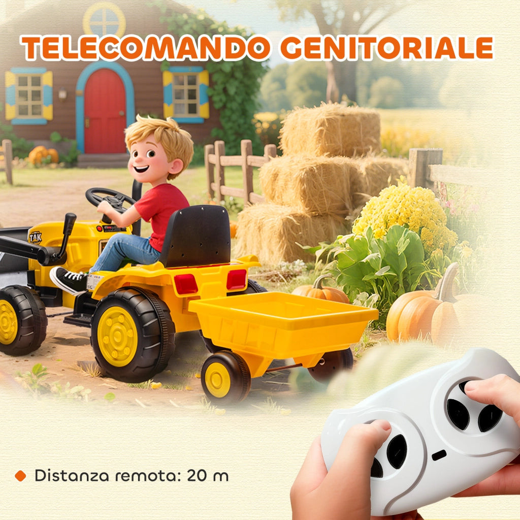 Escavatore Elettrico per Bambini 12V ¨C Xylo ¨C Giallo con Benna e Rimorchio