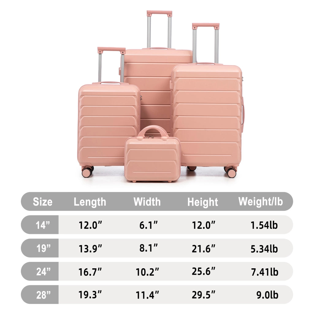 Set di valigie rigide 4 pezzi in ABS rosa con beauty case da 14 pollici e ruote doppie girevoli a 360°