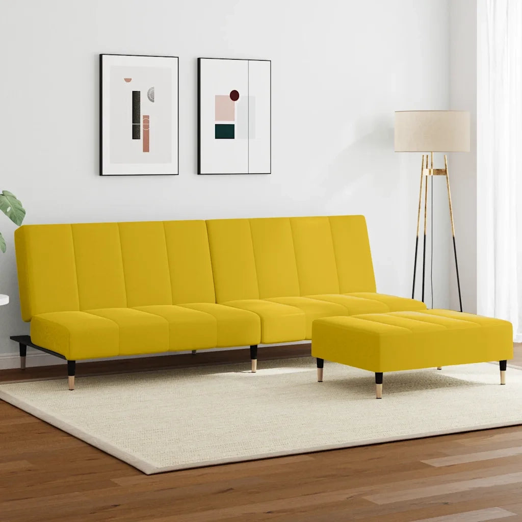 Divano Letto 2 Posti con Sgabello Giallo in Velluto