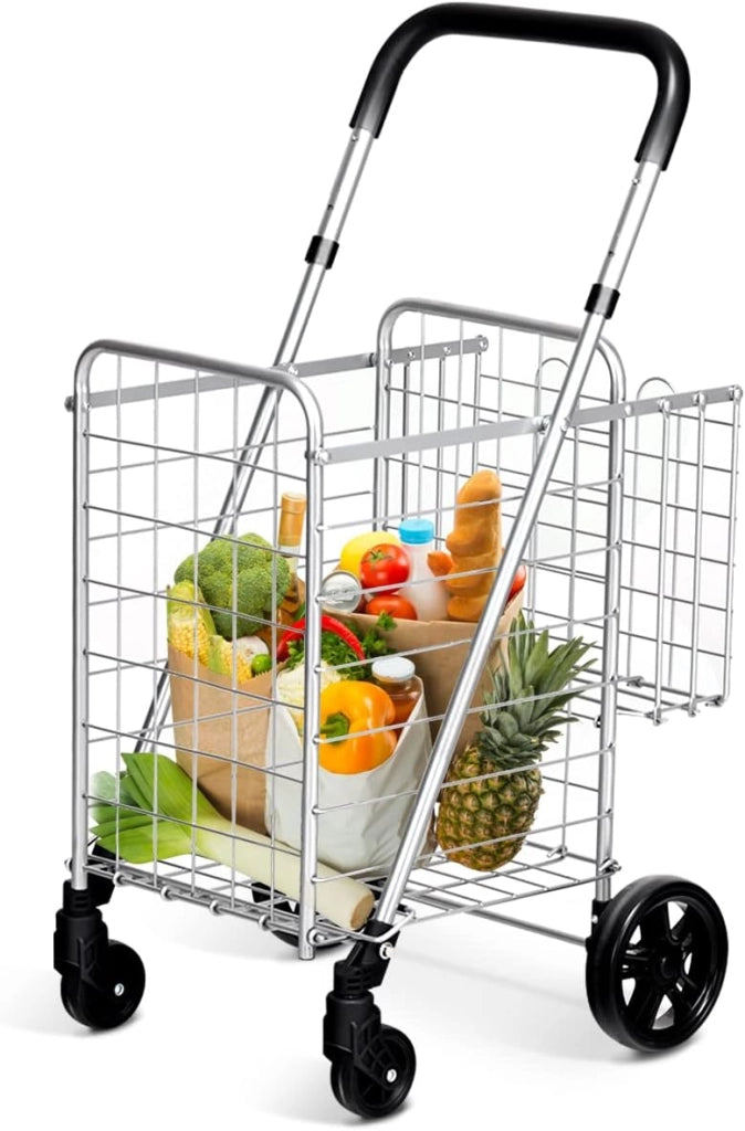 Carrello Portaspesa Pieghevole, Carrello Spesa con Ruote Girevoli a 360 °, Manico Regolabile, 2 Cesti, Capacità di Carico: 20 kg, 58L, 43 x 52 x 89-95 cm (Argento)