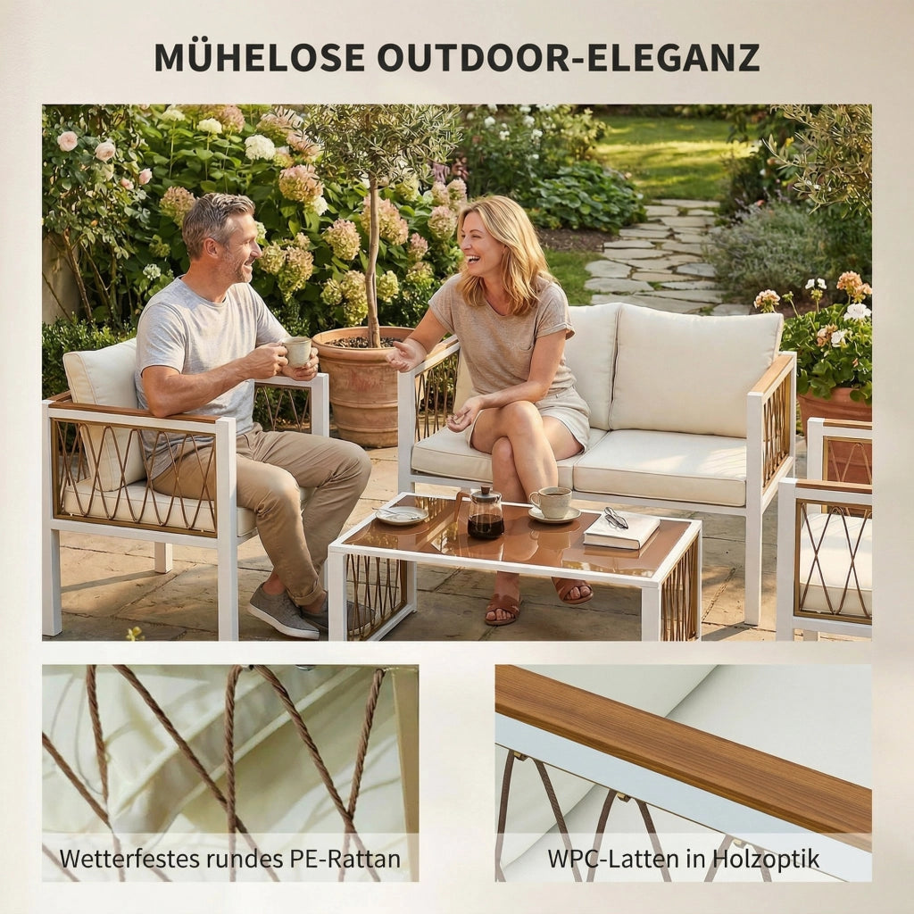 Set Lounge 4 Pezzi Polyrattan ¨C Minimal ¨C Grigio con Cuscini e Tavolino Vetro