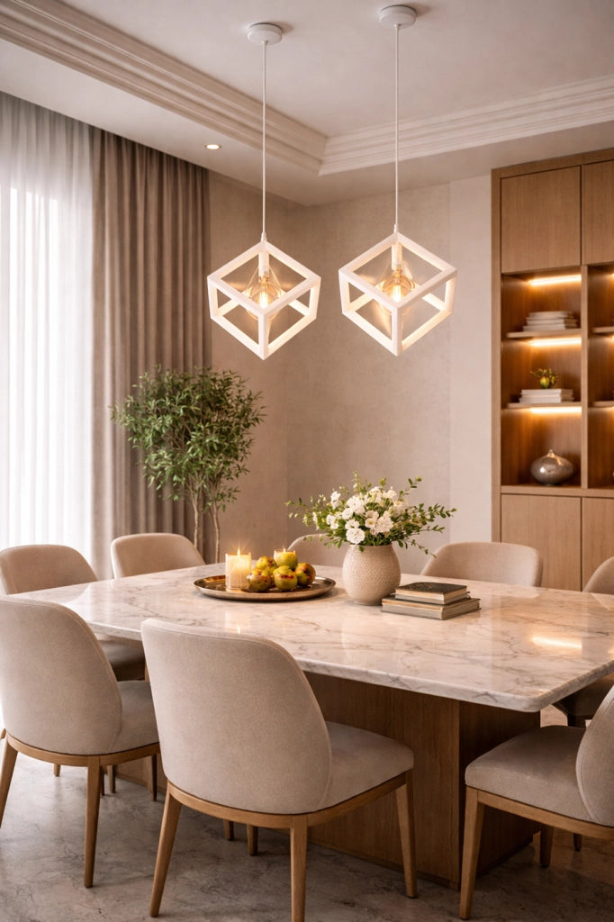 Lampadario Cubo Geometrico a Sospensione Bianco Attacco E27 Lampada Industrial Moderna Metallo per Cucina Tavolo Soggiorno Ristorante