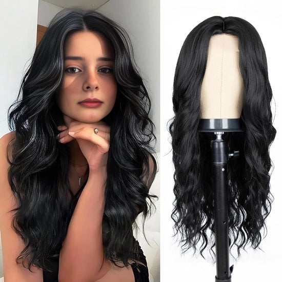 Parrucco lungo nero per donne, 26 pollici, partizione centrale, capelli ondulati, capelli carini, realistici e naturali, sintetici, termoresistente, parrucco a fibre, adatto per uso quotidiano in occasioni speciali