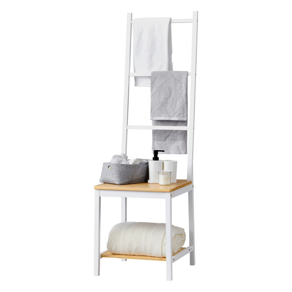 Servomuto 'Juuka' con Seduta - Portasciugamano con Ripiani - Bambù - Bianco/Effetto Legno [en.casa]