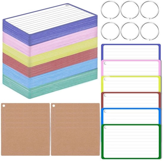 Carte di apprendimento a 360 pezzi - Materiale gelatinato - Flashcard - Carte di vocabolario - Carte di studio - Realizzato con carta da 150 g - 6 colori con fori di legatura