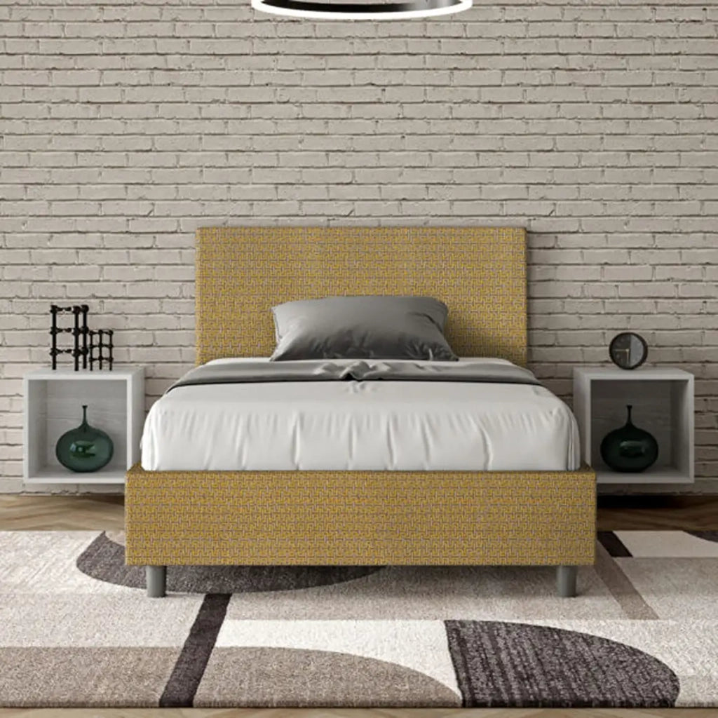 Letto una piazza e mezza contenitore imbottito 120x200 tessuto Labirinto 6 giallo Adele