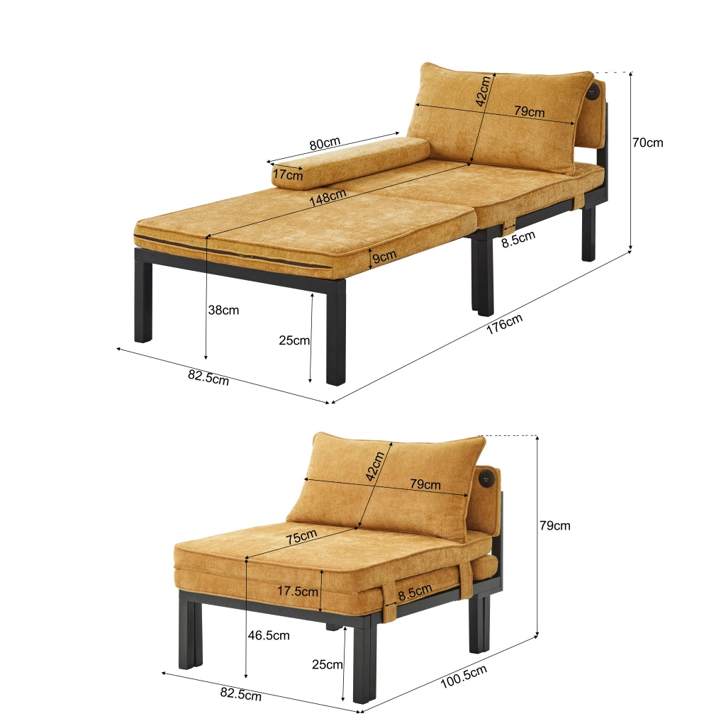 Divano Letto Singolo Pieghevole con Cuscino e Porte USB ¨C MINIMAL ¨C Giallo