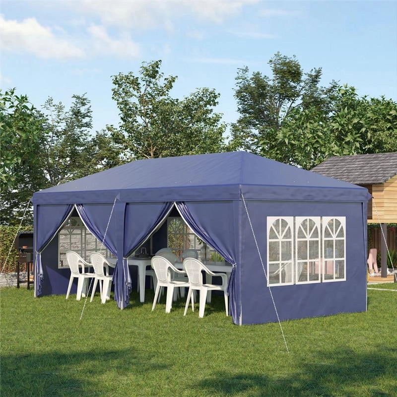 GAZEBO PIEGHEVOLE DA GIARDINO ESTERNO CON 6 PANNELLI LATERALI, 585X295 CM, BLU