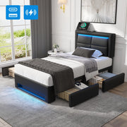 Letto imbottito 90x190 cm in PU nero con USB, LED e 4 cassetti
