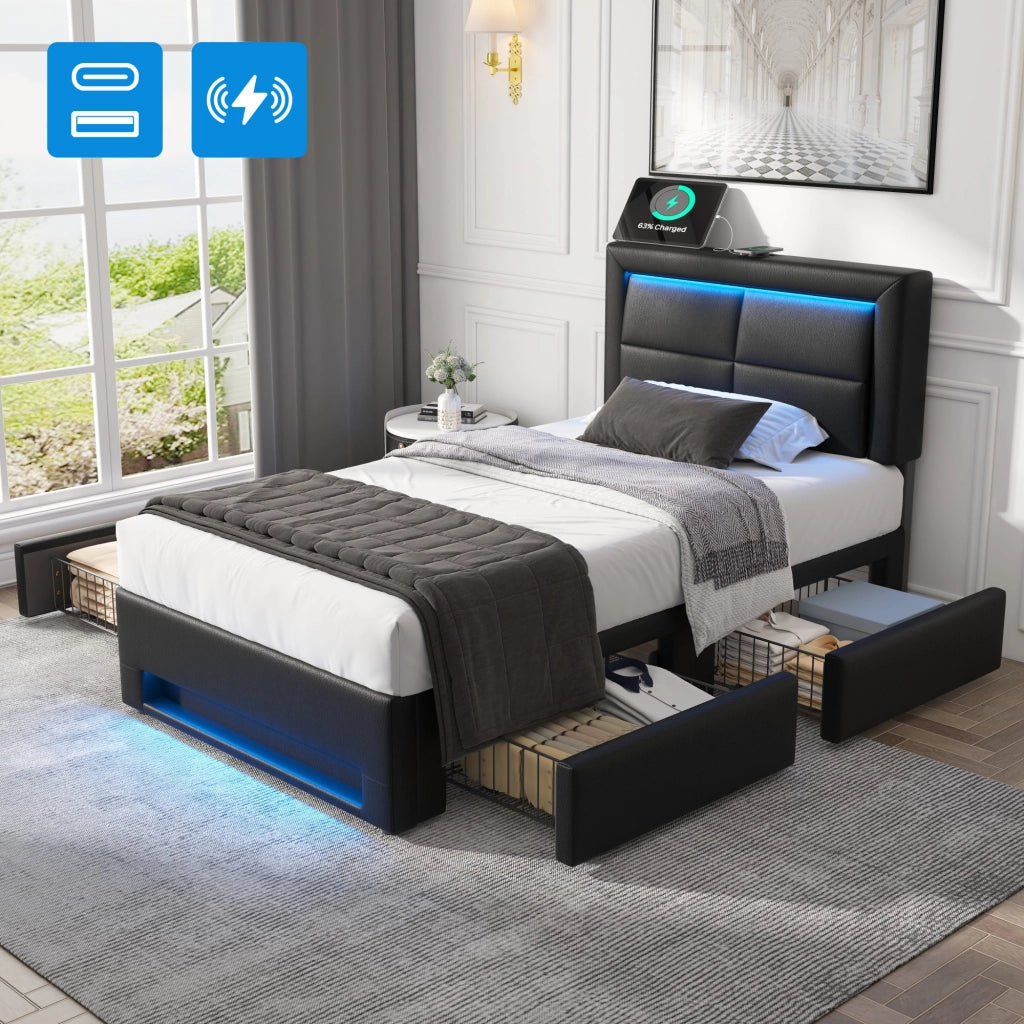 Letto imbottito 90x190 cm in PU nero con USB, LED e 4 cassetti