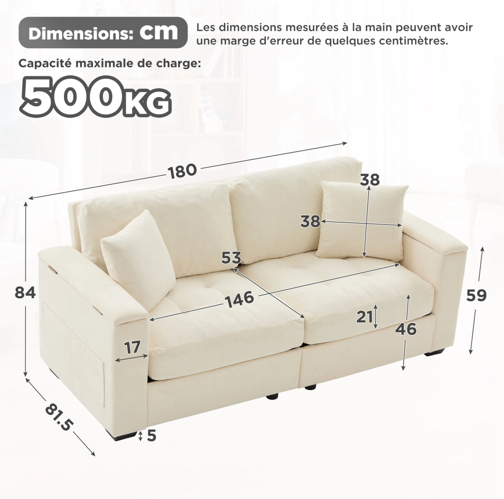 Divano 2 posti in chenille beige con contenitore nei braccioli, tasche laterali e 2 cuscini