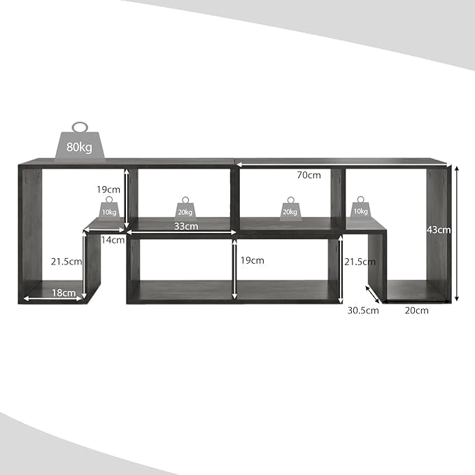 Mobile Porta TV Combinabile con Ripiani Aperti, per TV Fino a 65 Pollici, Mobile TV di Legno per Camera da Letto, Soggiorno, Capacità di Carico Massima 80 kg, 134-180 x 30 x 43 cm (Grigio)