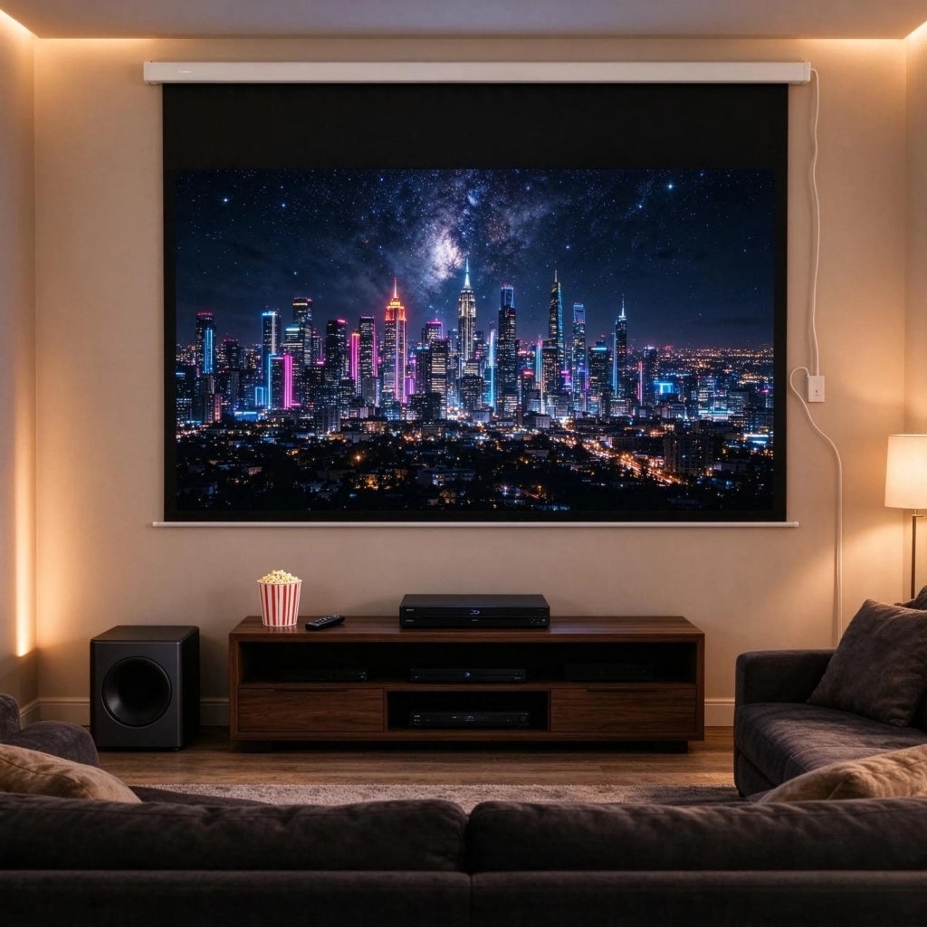 Schermo di proiezione motorizzato 100 pollici, formato 16:9, 4K HD per home cinema, montaggio a parete e soffitto con pannello di controllo e telecomando