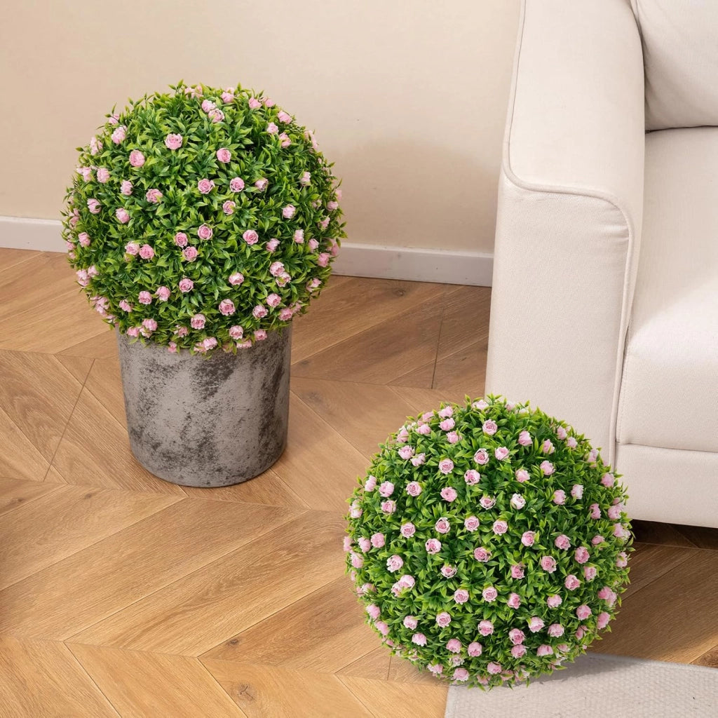 Set di 2 Palla Topiaria con Fiori Finti 37 cm per Vaso, Sfera di Fiori Sintetica in PE da Giardino, Palline di Bosso Artificiali Decorative Realistico Arredamento da Interno ed Esterno